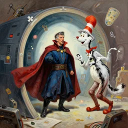 the third first image on the scattered absurdity server, dr strange and dr seuss, portal hopping and time warping with reckless abandon, highly detailed painting by gaston bussiere, craig mullins, j. c. leyendecker