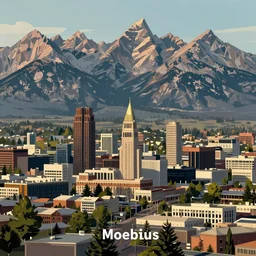 cel-shaded drawing of the city of Stanley, Idaho, with the Sawtooth mountains in the background, by Moebius