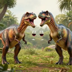 two dinosaurs drinking wine