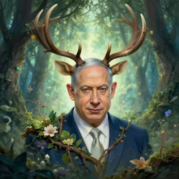 portrait of benjamin netanyahu as a magical forest spirit, antlers, branches, leaves, flowers, magical, aura, by brian froud