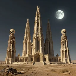 matte painting of mos eisley with towering skeletal temple architecture designed by hr giger, great plains, uninhabited, global illumination, volumetric lighting, three moons, tom bagshaw, alphonse mucha, masterpiece, weta digital, high contrast