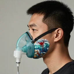 side profile of a brown asian man :: side profile :: oxygen mask ::  blood  and ocean intricate details :: 8k :: by vikings and Sandra Chevrier