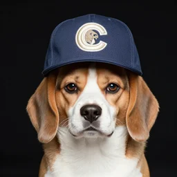 beagle cat with a hat, black background, head shot, studio, 38mm