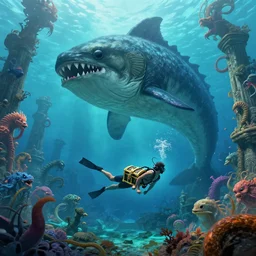 A diver is under the sea, he has a treasure with him, he is swimming away from the giant Ryūjin that is behind hunting him, this is an extravagant planet with wacky wildlife and some mythical animals, the background is full of ancient ruins, the ambient is vivid with a terrifying atmosphere, by Jordan Grimmer digital art, trending on Artstation,