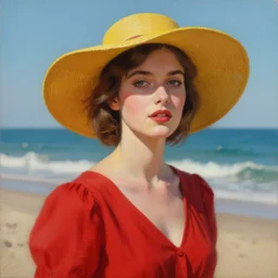 beautiful oil matte portrait painting, young woman with red dress and mustard yellow summer hat at a beach on a sunny day, wonderful masterpiece highly detailed, beautiful cinematic light deep focus, elegant, digital painting, smooth, sharp focus, golden ratio, dramatic illumination, ultra realistic, 8 k, art by andy warhol