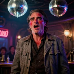 the medium shot of singing old drunkard ( ( ( ( ( joaquin phoenix ) ) ) ) ) with sideburns and red cheeks worn in the old grey jacket in the scene in steampunk bar, still frame from the movie with the cinematography of christopher doyle, neon lighting reflecting from a disco ball, anamorphic lens, optical flares, award - winning photo, 8 k