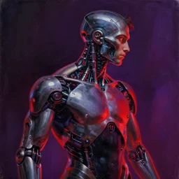 painting by caravaggio!! male cyborg body profile cyberpunk neon metal glow red purple black