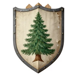 medieval painting of a picket fence shield with a christmas tree on it, tattered fabric texture