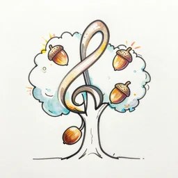 single line drawing, acorn turns into a tree in shape of treble clef, two half drawing one with bursts of color, trending on art station, continuous line drawing, copic marker