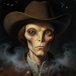 a close - up gritty renaissance portrait of an alien cowboy's face with whimsical geometric features. studio lighting. glowing fog, gloomy black background. night time. constellations. highly detailed science fiction painting by moebius, norman rockwell, frank frazetta, and syd mead. rich colors, high contrast, artstation