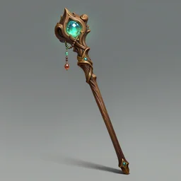 magic wizard's staff, made of wood, glowing jewel, hanging beads, full shot, detailed illustration, hd, 4k, digital art, overdetailed art, concept art, by greg rutkowski complementing colors, Trending on artstation