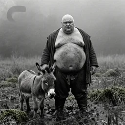 1 9 7 0 s movie still by tarkovsky of one giant obese old bald man in dirty medieval clothes with one tiny donkey in a mossy swamp, cinestill 8 0 0 t 3 5 mm b & w, heavy grain, high quality, noir, natural textures, photorealistic, ambient occlusion, hd, mud, fog, criterion collection, by sebastao salgado