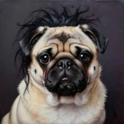 oil painting, a pug with gothic emo hair, intricate, masterpiece, artstation, stunning