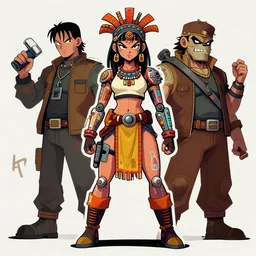 a vectorgraphic celshaded fullbody portrait shot of a female aztec hacker with mechanic implants dragonball style charachter by jeral tidwell feat dracko velasco and beastwreck. inspired by paul lewin and clogtwo. lowbrow shadowrun cartoon graffity style reminds to chris dyer and cantwo kopak. overpainted and stylized by subjekt zero.
