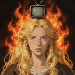 woman blond portrait tv on head, fire hair, art by studio ghibli and greg rutkowski and artgerm and ilya kuvshinov, portrait, d & d, fantasy, highly detailed, digital painting, headshot, trending on artstation, concept art, sharp focus, illustration art by artgerm and greg rutkowski and alphonse mucha