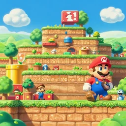 vertical panorama of the super mario world map in the style of studio ghibli
