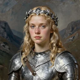 beautiful rugged saoirse ronan, blonde hair, wearing silver armour and silver ornate wreath, portrait, oil painting by titian, hard focus, masterpiece