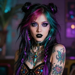 psychedelic gothic girl with tattoo. new wave, portrait, 8 k, digital art