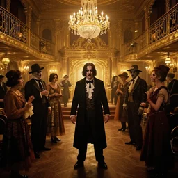photorealistic ultra wide cinematography of a creepy 1 9 2 0's halloween party inside the gold room ballroom in the shining, inside the overlook hotel shot on 3 5 mm eastman 5 2 4 7 film by the shining cinematographer john alcott shot on a wide kinoptik tegea 9. 8 mm lens. with golden ratio composition