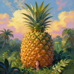 closeup, giant pineapple head, a girl surrounded by djungle, surreal photography, golden hour, colorful clouds, impressionist painting, digital painting, artstation, simon stalenhag