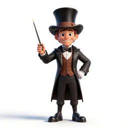 jovial magician with top hat and wand, detailed 3d character render, full body, standing, isolated on a pure white background, centered, whole figure in frame, sharp focus, studio lighting