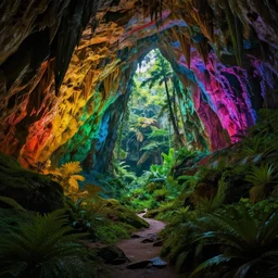 rainbow colored caves lead to a rainforest, highly detailed digital art, artstation, cfg = 3