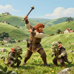 A warrior hobbit swings a club at the head of a goblin.  The rolling hills of the shire are in the background.  Digital fantasy art by Anato Finnstark and Alan Lee.