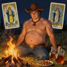 a serene, ethereal painting of a handsome mischievous thicc shirtless cowboy with a beer belly | night scene with campfire | food and jugs of whisky in the foreground | tarot card, art deco, art nouveau | by Maxfield Parrish | trending on artstation