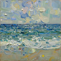 oil paint impasto relief, beautiful very rough sea, multi layered thick brush marks, some splattered paint, in the style of ivan shishkin and frank auerbach and van gogh and rene lalique