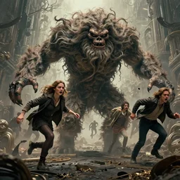 people running terrified of the hair monster, high detail, 8k, ornate, realistic, masterpiece, Trending on art station, complex, WLOP, film still from the movie directed by Denis Villeneuve with art direction by  Alex Grey, Greg Rutkowski