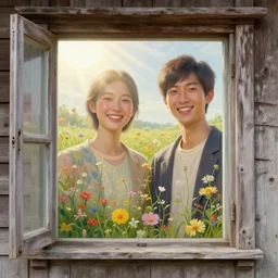 two happy fashion models, 3 d, hyper detail, close - up, old wood house window, morning, sun rays, flowers field, poster art, intricate oil painting, figurative art, multiple exposure, poster art, 3 d, by stanley kubrick and tooth wu and wlop and beeple