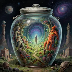 microcosm inside a kimchi jar, new dimension, sentient life, portal to new dimension, cities, tribes, universe, artgerm, artstation, 8 k, greg rutkowski, ultra detailed,