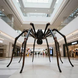 camera footage of a 15 meter tall spider in an abandoned shopping mall, high exposure, dark, monochrome, camera, grainy, CCTV, security camera footage, timestamp, zoomed in, fish-eye lens, spiders, spider, spider, spider,