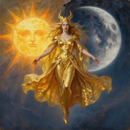 a powerful golden witch floats on a horizon divided by her, the background is torn between the sun and the moon, in the background you can see the milky way. by Daniel F. Gerhartz, hyperrealistic oil painting, 4k, studio lightning, very detailed faces