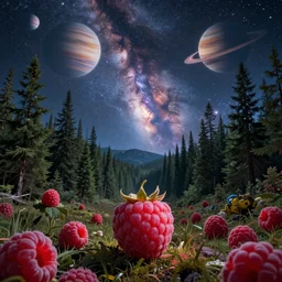 psychedelic, trippy, raspberry, pine forest, planets, milky way, cartoon by rob gonsalves
