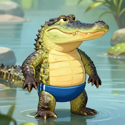 anthropomorphic alligator male waring swimshorts