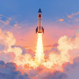a rocket launching into the sky, sunset, fluffy clouds, beautiful digital art, pixiv, digital watercolor painting