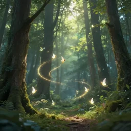 photo of a beautiful magical fantasy forest, glowing tiny winged fairies flying throughout leaving sparkling time-lapse glowing trails in the air, sunlight filtering through the trees, dense, verdant, tranquil, surrounded by beautiful iridescent sparkling bushes, stunning sparkling opalescent trees, 35mm photo, award-winning magazine cover photo, nature photography, cinematic, dramatic, establishing shot