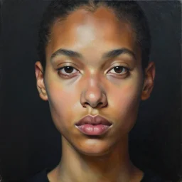 detailed portrait in femininity, realistic face sculpted features, ethnic, clear eyes, statuesque, tech noir, warm glowing skin, chiaroscuro, tangible, peach fuzz, angular impressionism, deep ambient backdrop, contemporary, modern fashion, natural colors, oil on canvas