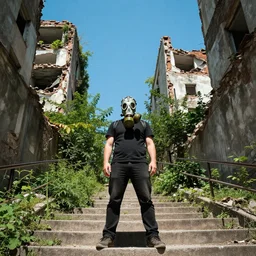 A high quality color photo of a mysterious man with a gas mask standing in the middle of a staircase alley looking in the direction of the camera :: outside, blue sky visible :: ruined city with vegetation and trees growing everywhere on the destroyed buildings