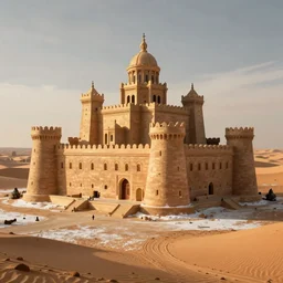 an epic castle city standing in Sahara Desert in winter, warm lighting, by Michelangelo