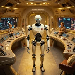 a beautiful intricate fine art portrait photo of a starship bridge, by natalie shau and james christensen, masterpiece!, robot commander, top view, studio lighting, golden ratio composition, 3 5 mm lens, deep depth of field, artstation, 8 k