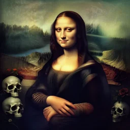 scary Mona Lisa, horror, scary, ominous, terrifying, Mona Lisa, painting of skeleton Mona Lisa, skulls, flowers, 8k, digital art , trending on artstation