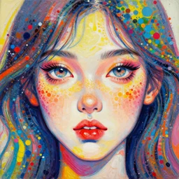 beautiful face of girl in style spotty pointism with three eyes, super bright colors, colored spots, mixed liquid acrylic, painting come to life, artstation, ultradetail