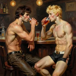 attractive muscular aliens with brunet hair and attractive muscular alien with blond hair. pants and shorts, drinking their hearts out, in a pub. very defined and detailed painting by j. c. leyendecker, gaston bussiere, craig mullins 8 k
