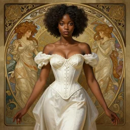 cute black woman wearing a white corset dress, fantasy, intricate, highly detailed, digital painting, artstation, concept art, wallpaper, smooth, sharp focus, illustration, art by artgerm and greg rutkowski and alphonse mucha correct body proportions