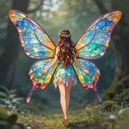 A colorful and pretty fairy with big wings, flares, stained glass style