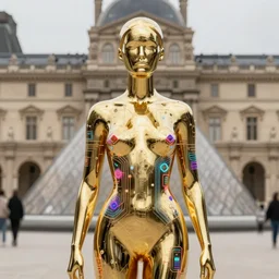 hyperdetailed masterpiece portrait of a glossy golden metallic statue of a woman covered in colorful glowing digital circuits and hexagons, symmetrical, in the style of virgil abloh, offwhite, heron prestorn, denoise, vogue, paris, fashion, louvre museum, highly detailed, realistic, hyperreal, 8 k, 4 k, render
