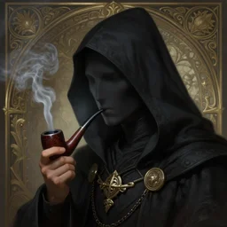 young shadow mage, smoking a pipe, shrouded face, deep focus, d & d, fantasy, intricate, elegant, highly detailed, digital painting, artstation, concept art, matte, sharp focus, illustration, hearthstone, art by artgerm and greg rutkowski and alphonse mucha