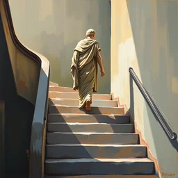 very abstract painting of a statue of a figure walking down the stairs, impressionist painting, realistic